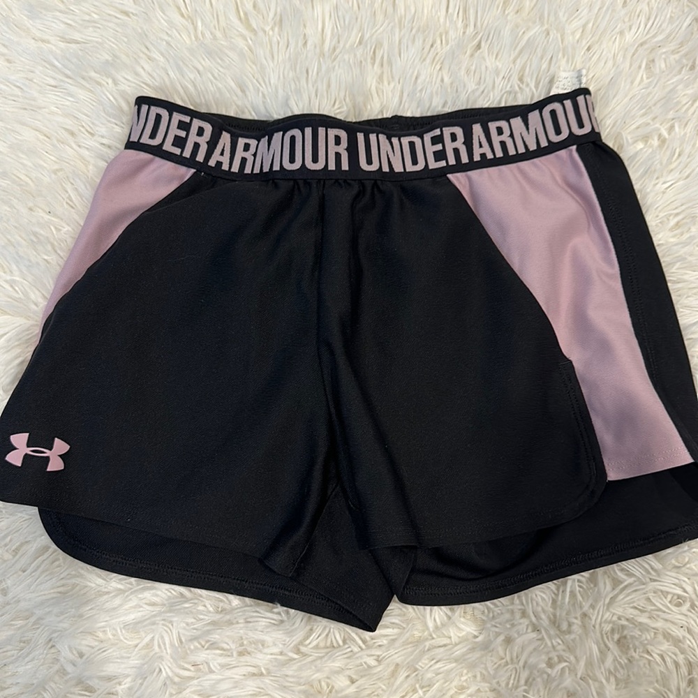 Women’s black and pink Under Armour athletic shorts